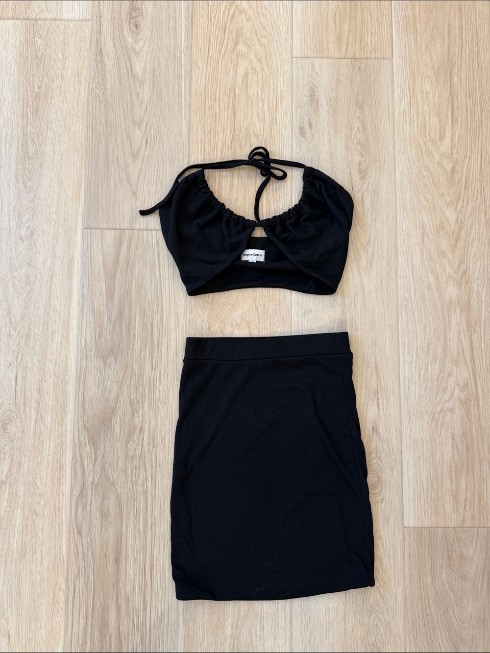 superdown Black Two-Piece Crop Top and Mini Skirt Set